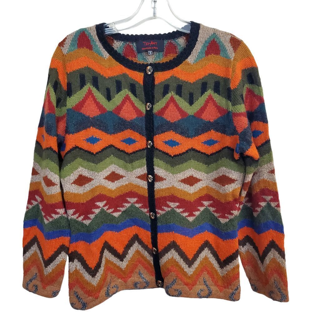 New Tey-Art ALPACA Blend Aztec Southwestern Sweater Cardigan Tabask Size S #3 - Picture 7 of 9
